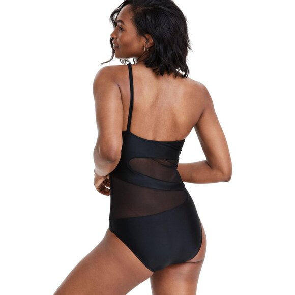NWT Bar III Womens One-Shoulder Mesh Cutout Swimsuit MBNB24232 Black S - Picture 2 of 6